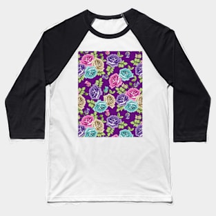 Botanical Roses Seamless Pattern On Purple Background Baseball T-Shirt